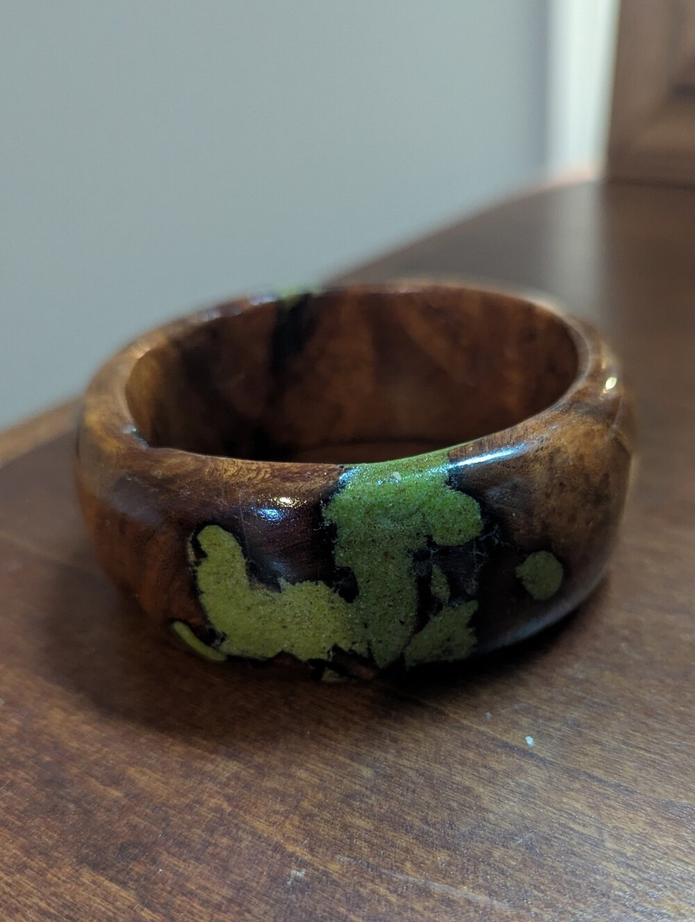 Wooden Bangle Bracelet with Green Inlay